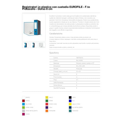 Registratore con custodia Esselte G55 Eurofile protocollo dorso 8 cm cartone rivestito in PP blu vivida - 390755910